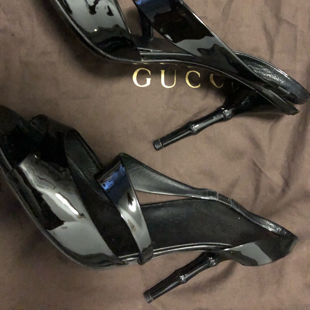 Gucci Black Patent Leather Bamboo Heel Sandals